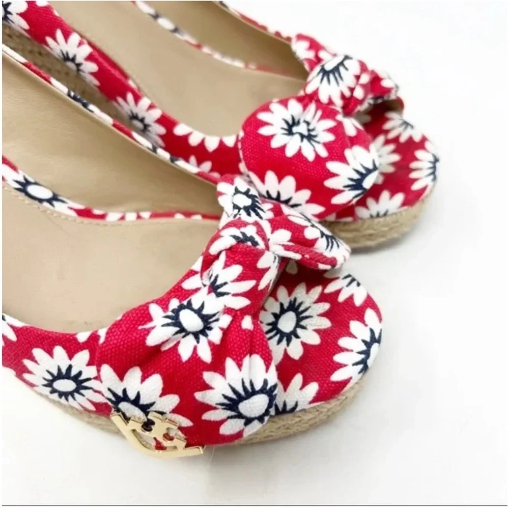 Tory Burch Dory Espadrille Wedge Red Floral Peep Toe Bow 6.5